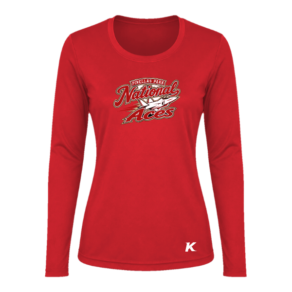 Baseball Seniors–Andrix Vision Women's Performance Long-Sleeve Tee – National Aces – Scarlet – front mockup