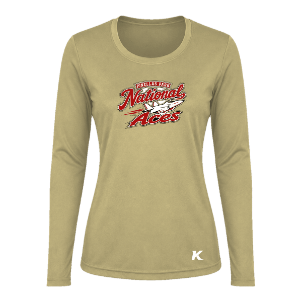 Baseball Seniors–Andrix Vision Women's Performance Long-Sleeve Tee – National Aces – Vegas Gold – front mockup