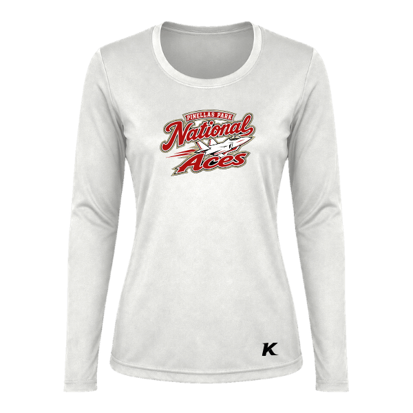 Baseball Seniors–Andrix Vision Women's Performance Long-Sleeve Tee – National Aces – White – front mockup