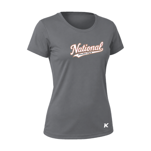 Baseball Seniors–Andrix Vision Women's Performance Short-Sleeve Tee – National Script – Charcoal – front mockup