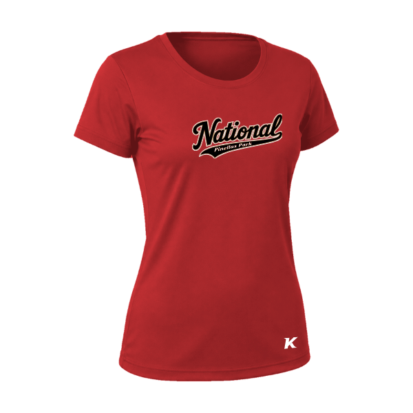 Baseball Seniors–Andrix Vision Women's Performance Short-Sleeve Tee – National Script – Scarlet – front mockup