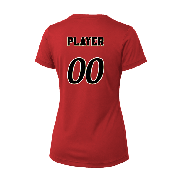 Baseball Seniors–Andrix Vision Women's Performance Short-Sleeve Tee – National Script – Scarlet – back mockup