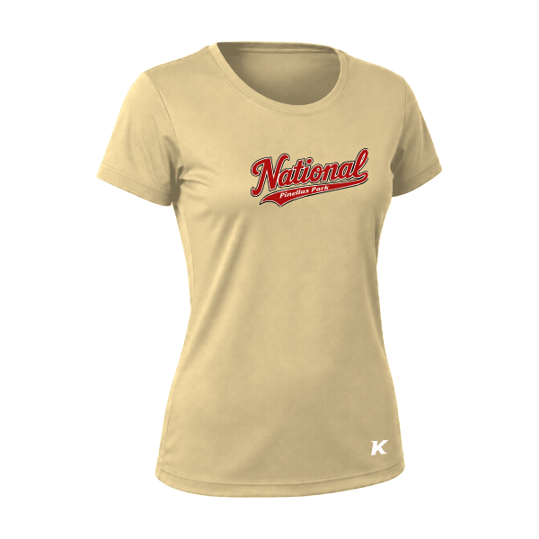Baseball Seniors–Andrix Vision Women's Performance Short-Sleeve Tee – National Script – Vegas Gold – front mockup