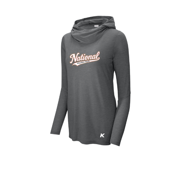 Baseball Seniors–Andrix Women's PosiCharge Tri-Blend Wicking Long-Sleeve Hoodie – National Script – Dark Gray Heather – front mockup