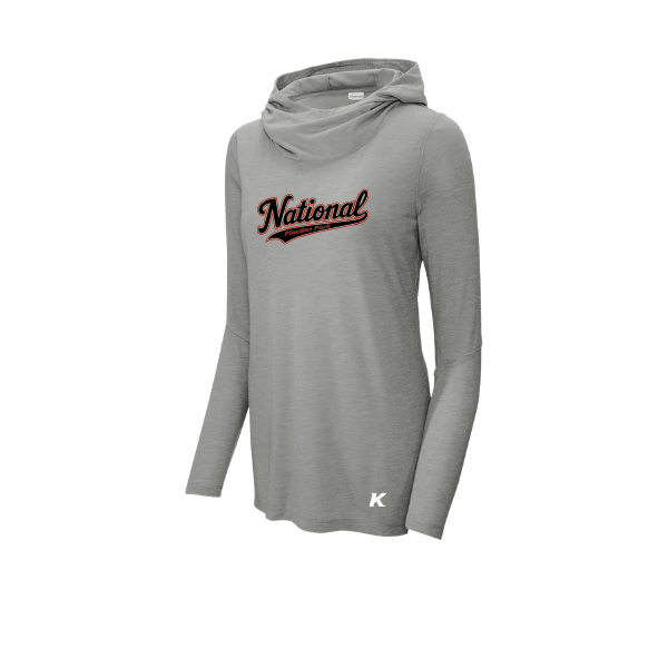 Baseball Seniors–Andrix Women's PosiCharge Tri-Blend Wicking Long-Sleeve Hoodie – National Script – Light Gray Heather – front mockup