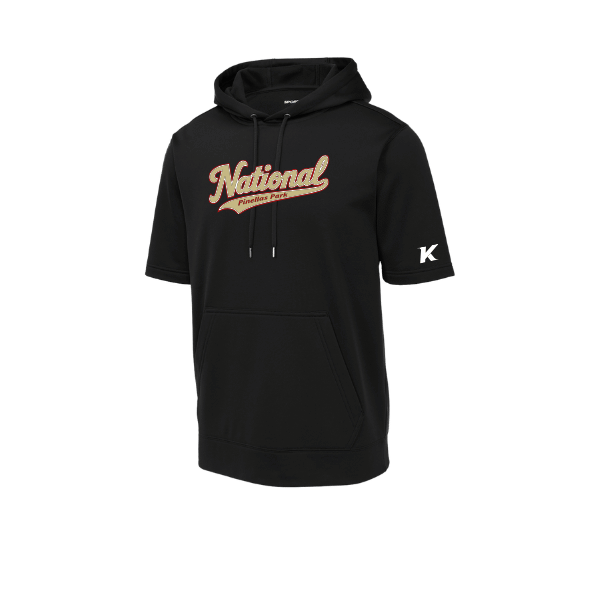 Baseball Seniors–Andrix Sport-Wick Fleece Short Sleeve Hooded Pullover – National Script – Black – front mockup