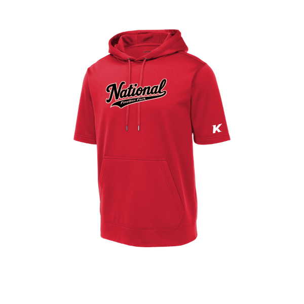 Baseball Seniors–Andrix Sport-Wick Fleece Short Sleeve Hooded Pullover – National Script – Deep Red – front mockup