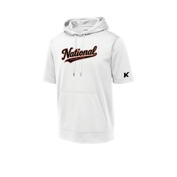 Baseball Seniors–Andrix Sport-Wick Fleece Short Sleeve Hooded Pullover – National Script – White – front mockup