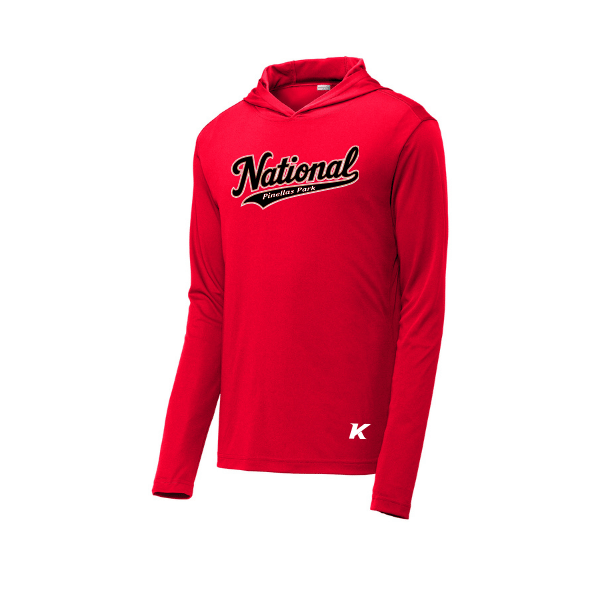 Baseball Seniors–Andrix PosiCharge Competitor Hooded Pullover – National Script – True Red – front mockup