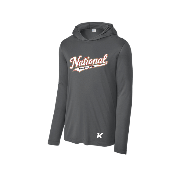 Baseball Seniors–Andrix Posi-UV Pro Long-Sleeve Hoodie – National Script – Dark Smoke Gray – front mockup