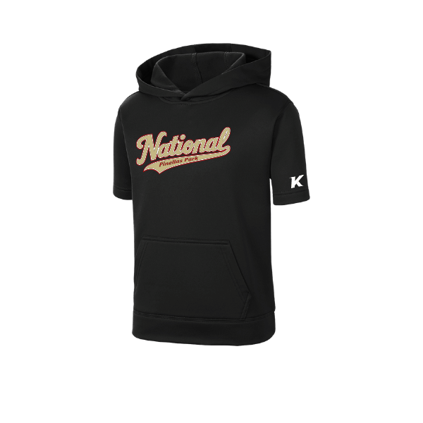 Baseball Seniors–Andrix Youth Sport-Wick Fleece Short Sleeve Hooded Pullover – National Script – Black – front mockup