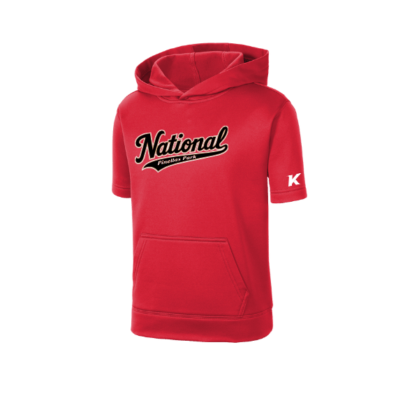 Baseball Seniors–Andrix Youth Sport-Wick Fleece Short Sleeve Hooded Pullover – National Script – Deep Red – front mockup