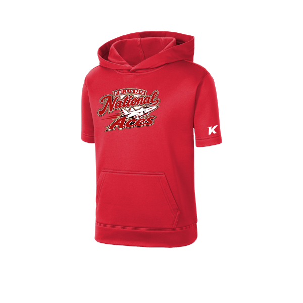 Baseball Seniors–Andrix Youth Sport-Wick Fleece Short Sleeve Hooded Pullover – National Aces – Deep Red – front mockup