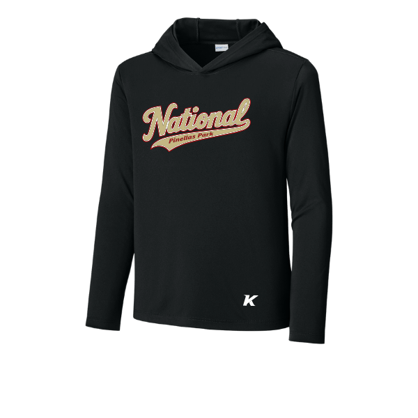 Baseball Seniors–Andrix Youth Posi-UV Pro Long-Sleeve Hoodie – National Script – Black – front mockup
