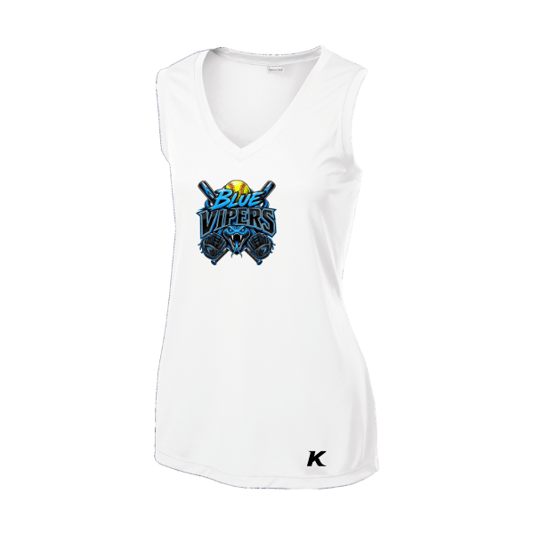 Softball Minors–McCoy Blue Vipers Women's Sleeveless PosiCharge Competitor V-Neck Tee – White – front mockup