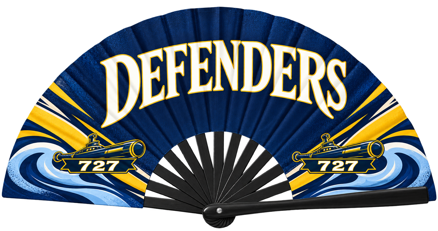 Open Defenders navy and gold clack fan with white lettering, wave accents, and 727 team graphics.