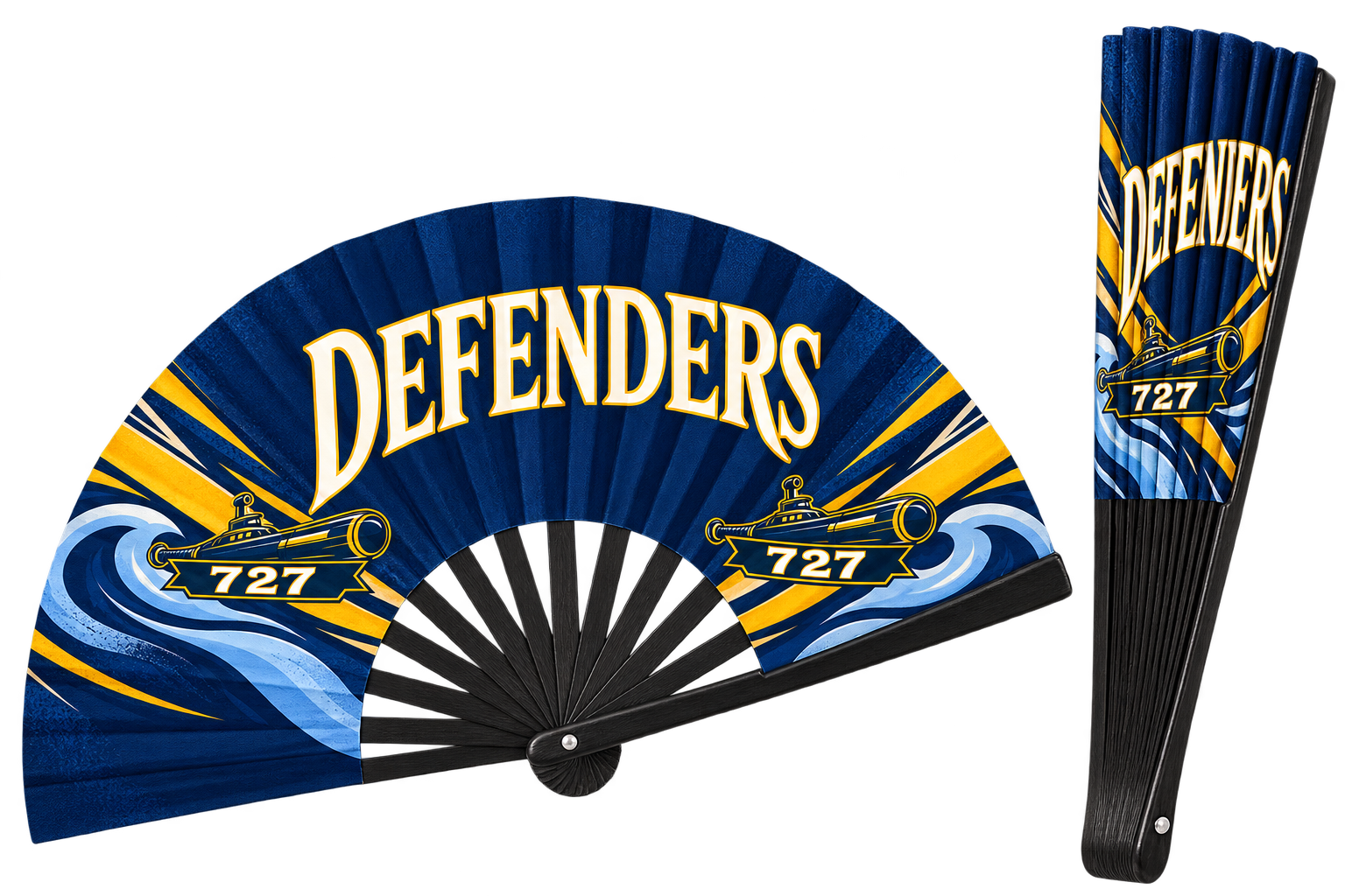 Defenders navy and gold clack fan shown open and closed. One fan is included.