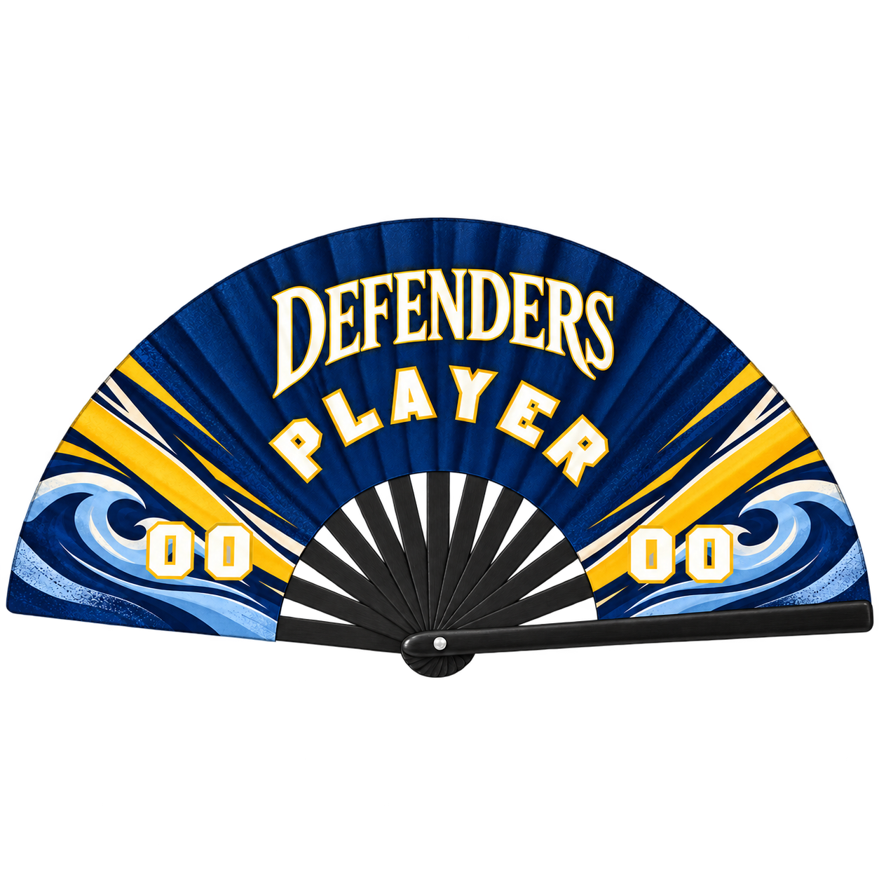 Open personalized Defenders navy and gold clack fan with PLAYER and 00 as sample name and number.