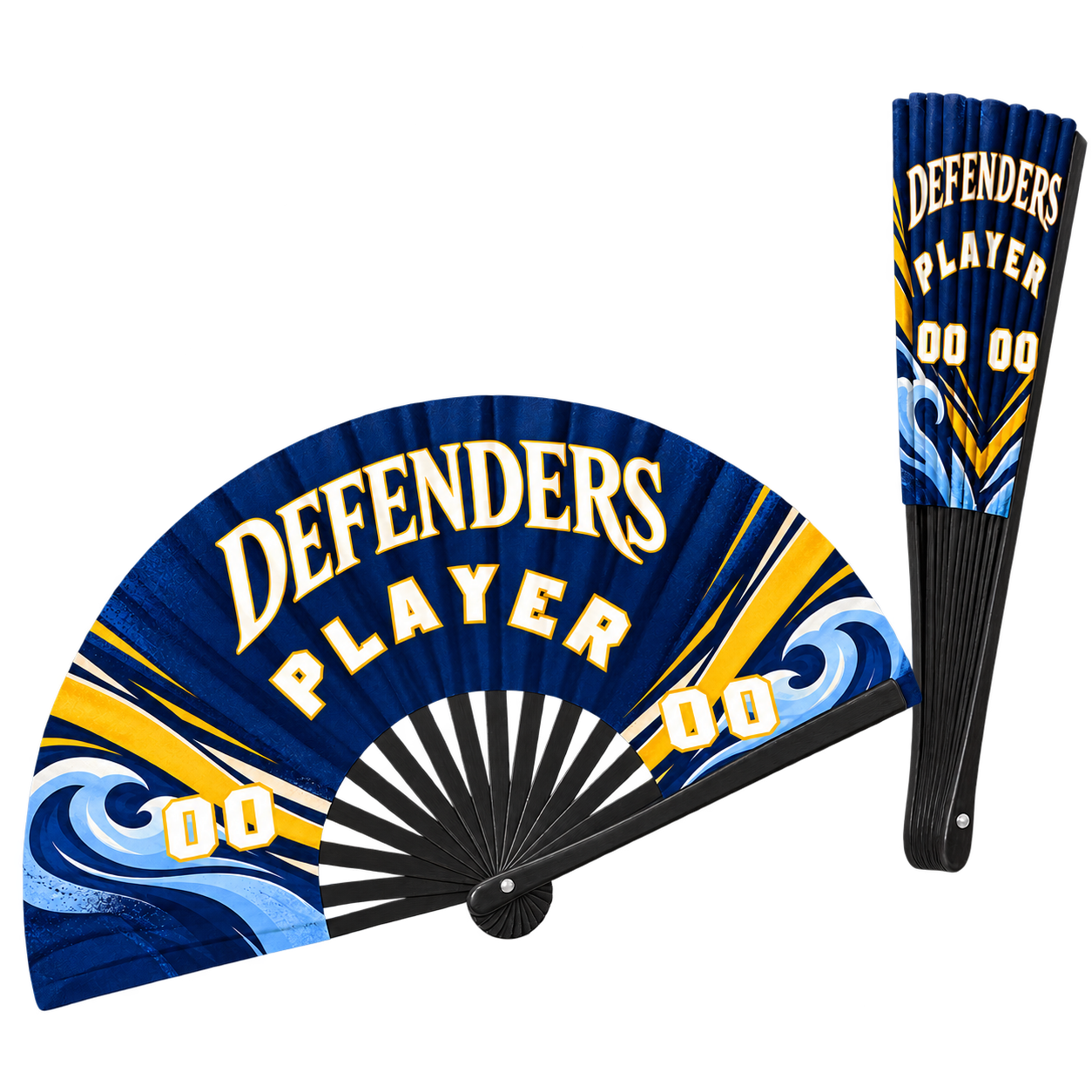 Personalized Defenders navy and gold clack fan shown open and closed with sample player details. One fan is included.