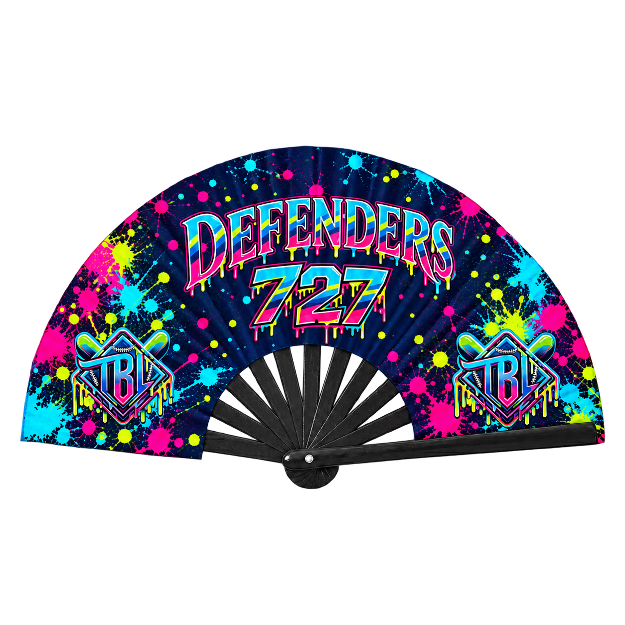 Open Defenders Neon Drip clack fan with pink, cyan, and lime splatters and DEFENDERS 727 lettering.