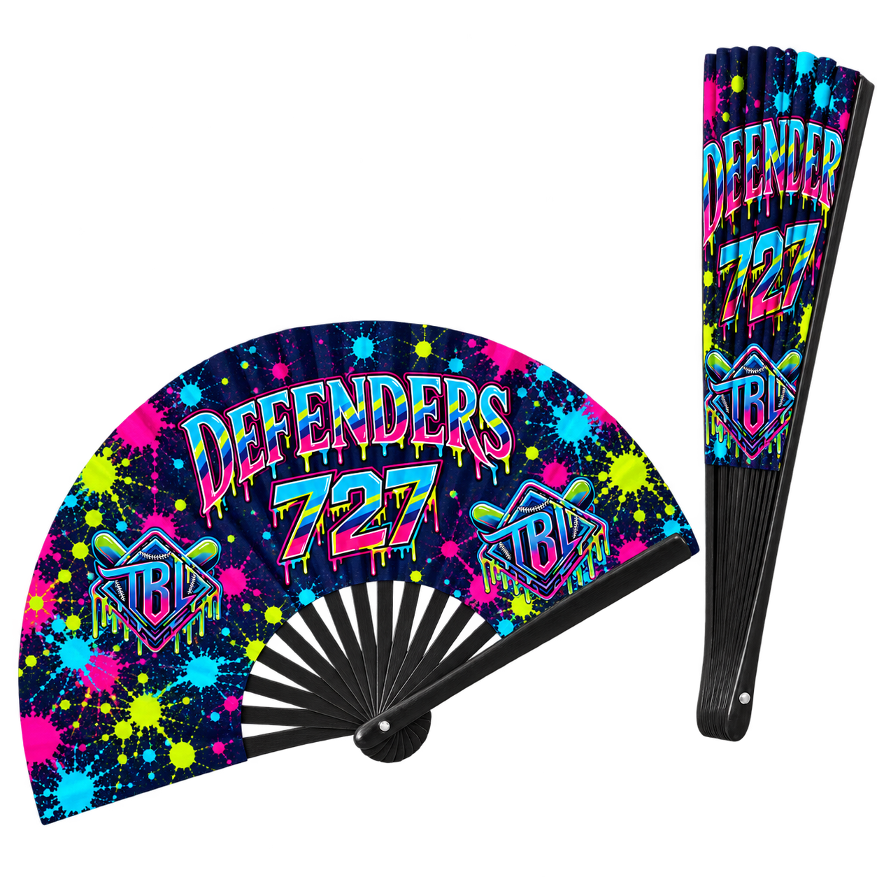 Defenders Neon Drip clack fan shown open and closed with the 727 design. One fan is included.