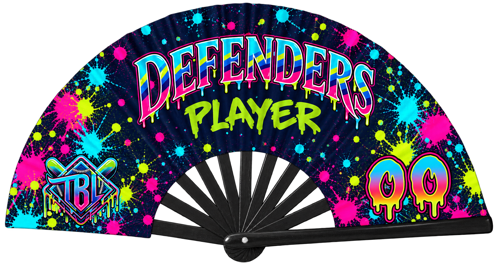 Open personalized Defenders Neon Drip clack fan with PLAYER and 00 as sample name and number.