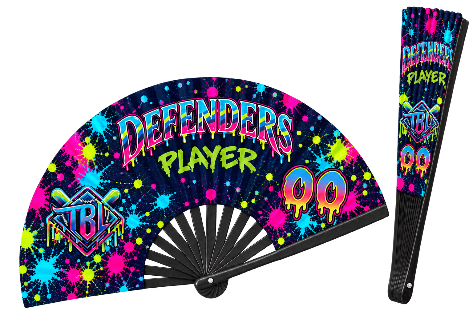 Personalized Defenders Neon Drip clack fan shown open and closed with sample player details. One fan is included.