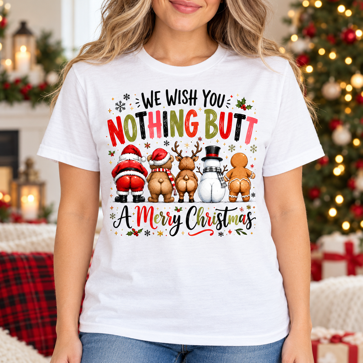 Nothing Butt a Merry Christmas Funny Tee front print on a white crewneck tee. AI-generated lifestyle mockup.
