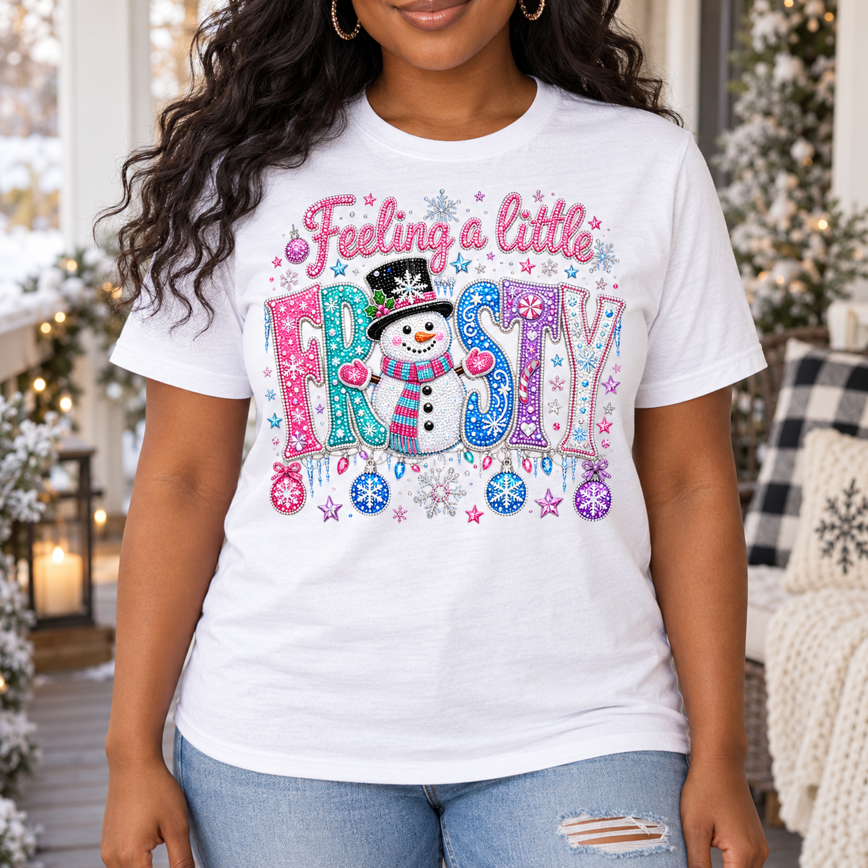 Feeling a Little Frosty Snowman Graphic Tee front print on a white crewneck tee. AI-generated lifestyle mockup.