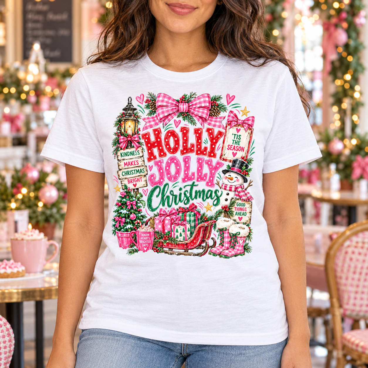Pink Holly Jolly Christmas Graphic Tee front print on a white crewneck tee. AI-generated lifestyle mockup.