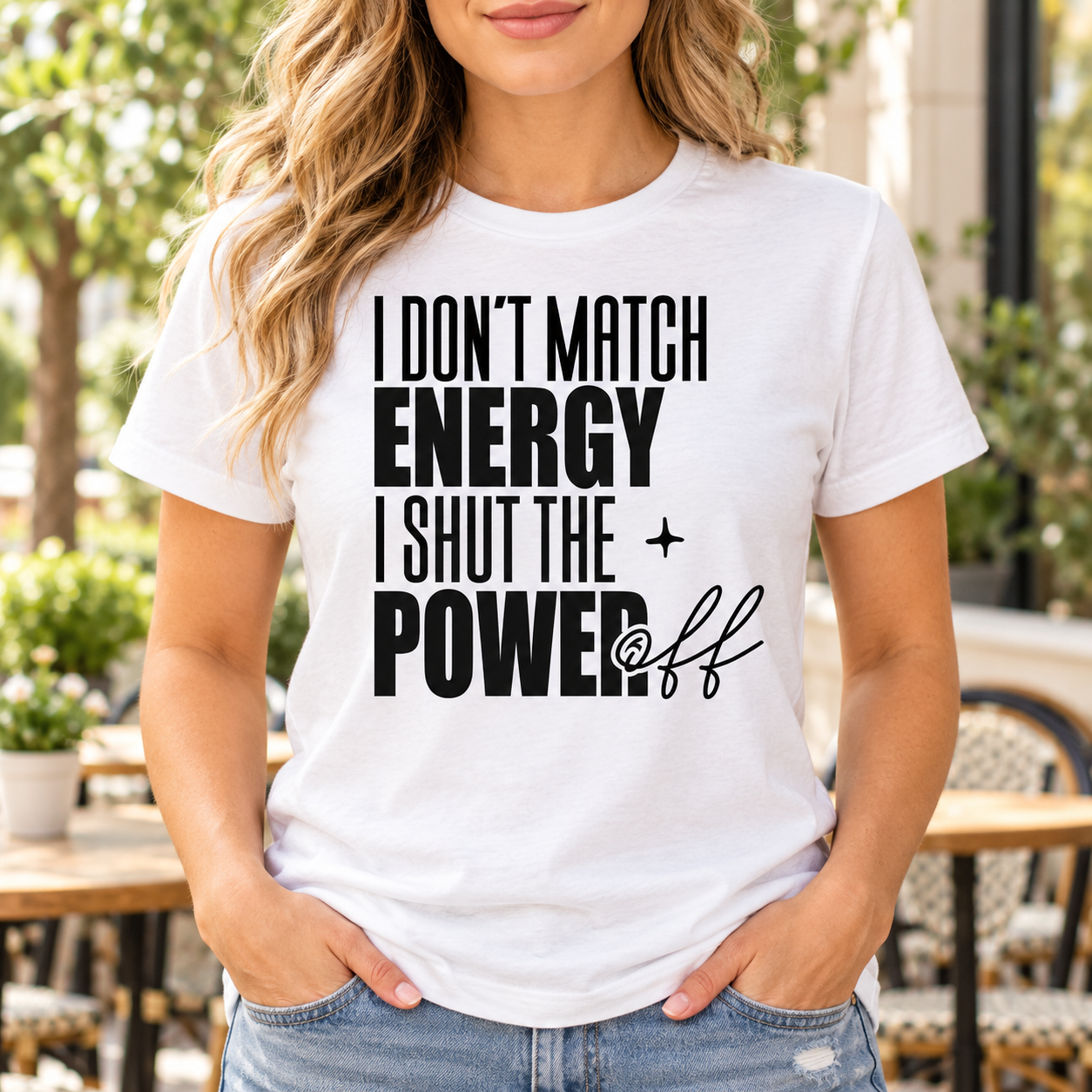 I Shut the Power Off Funny Graphic Tee front print on a white crewneck tee. AI-generated lifestyle mockup.