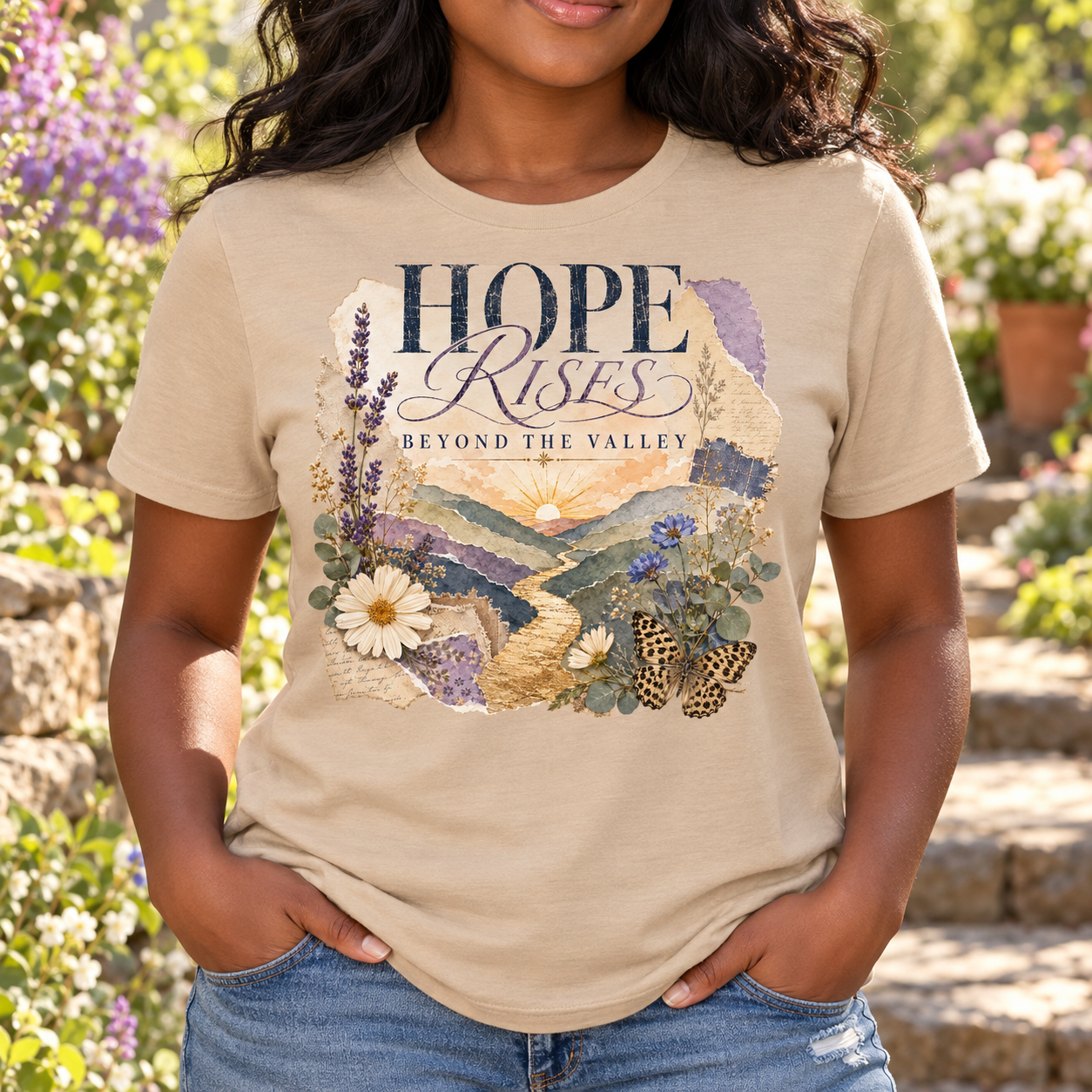 Hope Rises Beyond the Valley Vintage Faith Tee front print on a tan crewneck tee. AI-generated lifestyle mockup.
