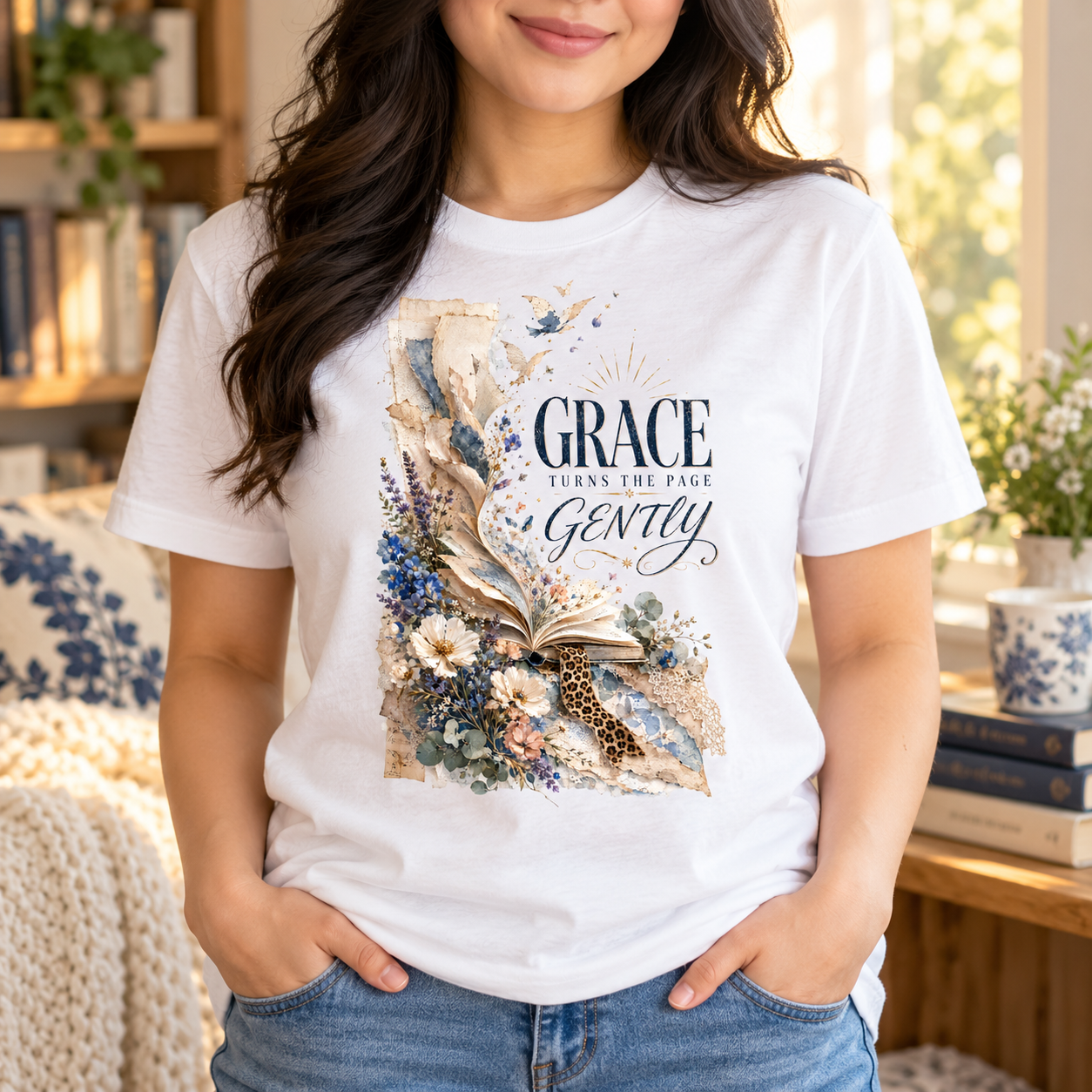 Grace Turns the Page Gently Vintage Floral Tee front print on a white crewneck tee. AI-generated lifestyle mockup.
