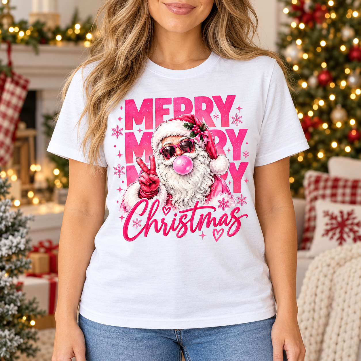 Pink Bubblegum Santa Merry Christmas Tee front print on a white crewneck tee. AI-generated lifestyle mockup.