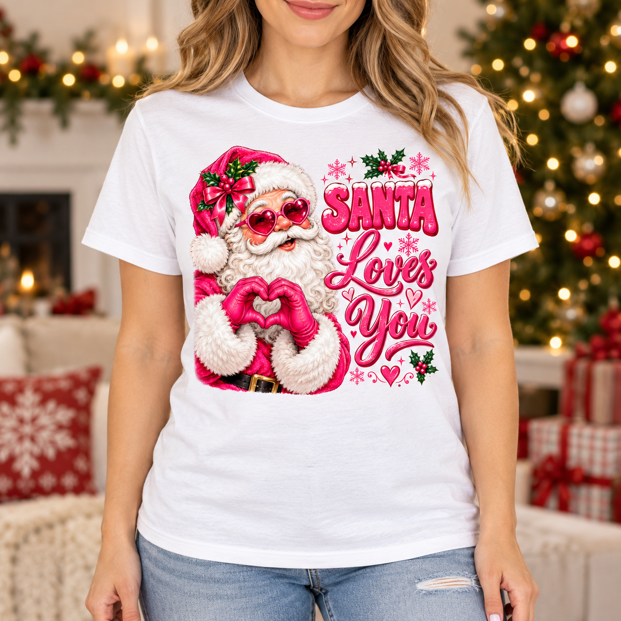 Santa Loves You Pink Christmas Tee front print on a white crewneck tee. AI-generated lifestyle mockup.