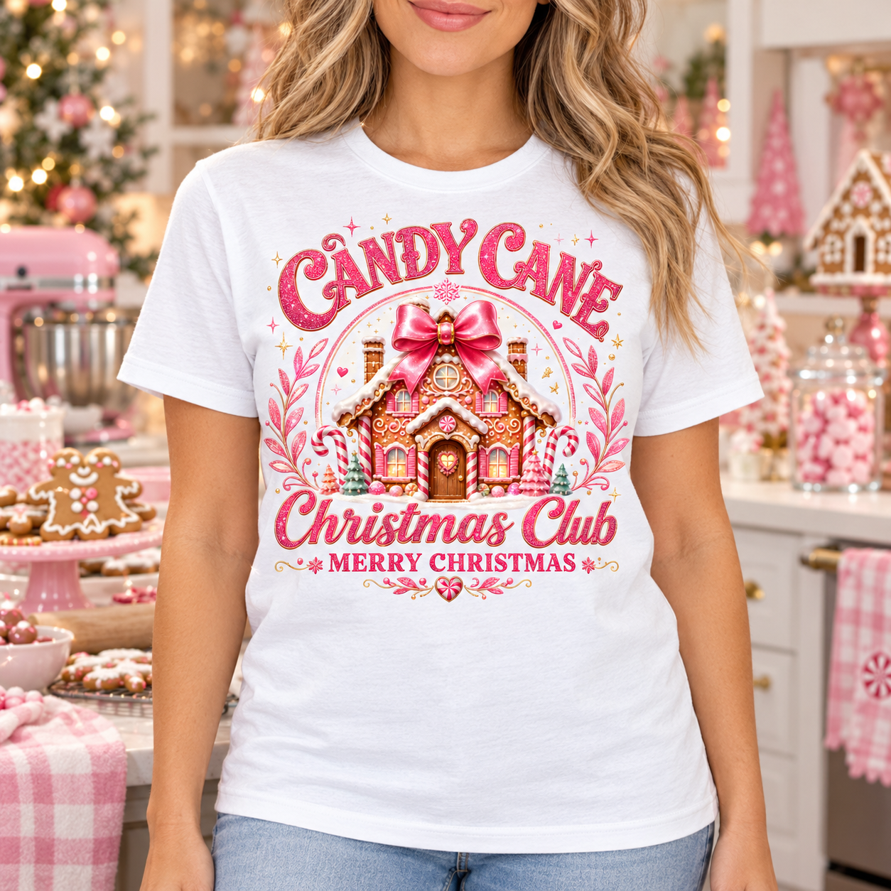 Candy Cane Christmas Club Gingerbread House Tee front print on a white crewneck tee. AI-generated lifestyle mockup.