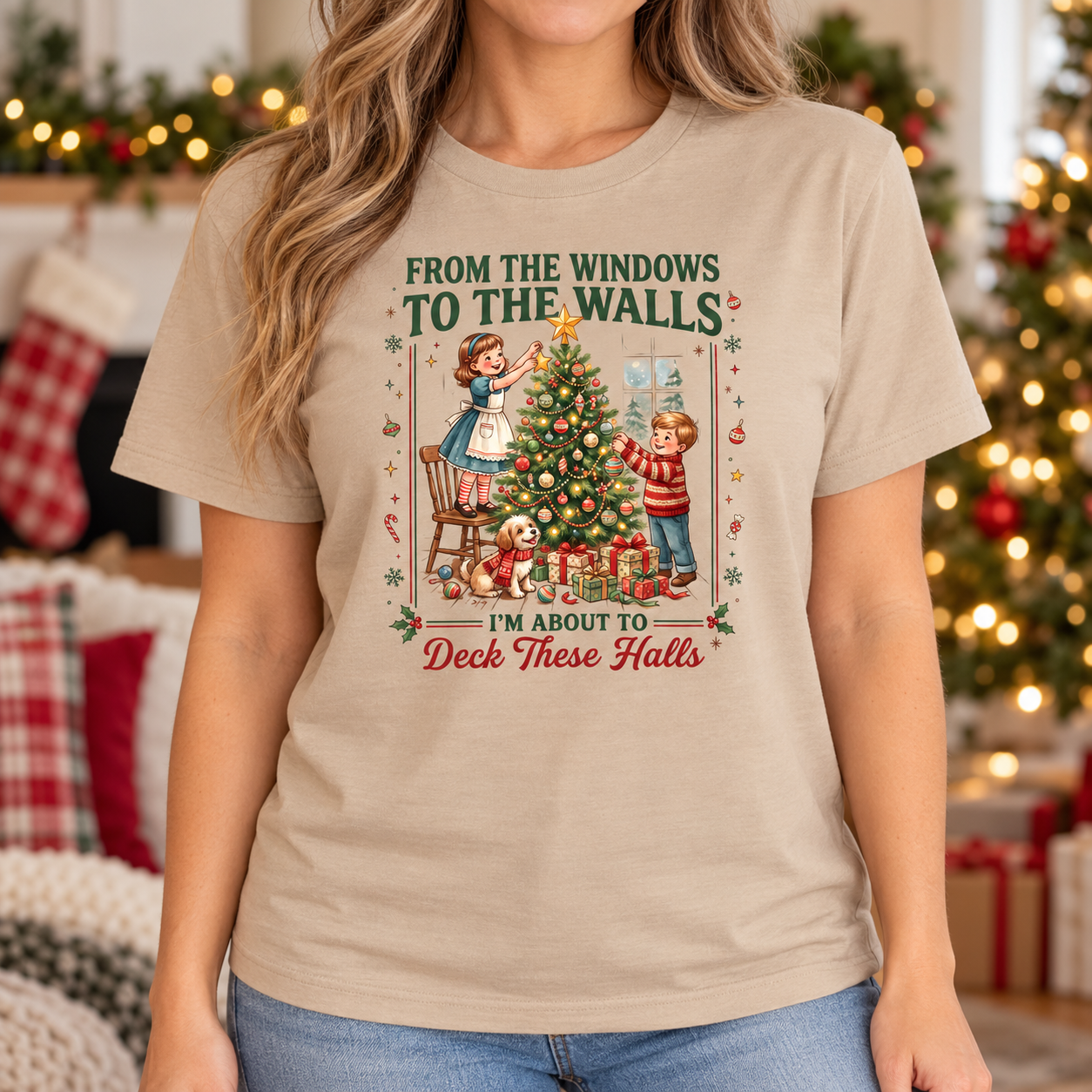 Deck These Halls Funny Retro Christmas Tee front print on a tan crewneck tee. AI-generated lifestyle mockup.