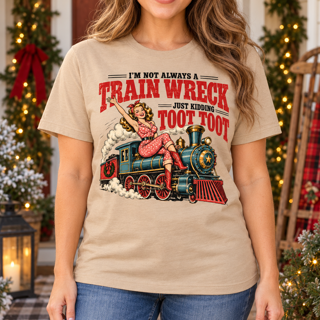Trainwreck Toot Toot Retro Pin-Up Tee front print on a tan crewneck tee. AI-generated lifestyle mockup.