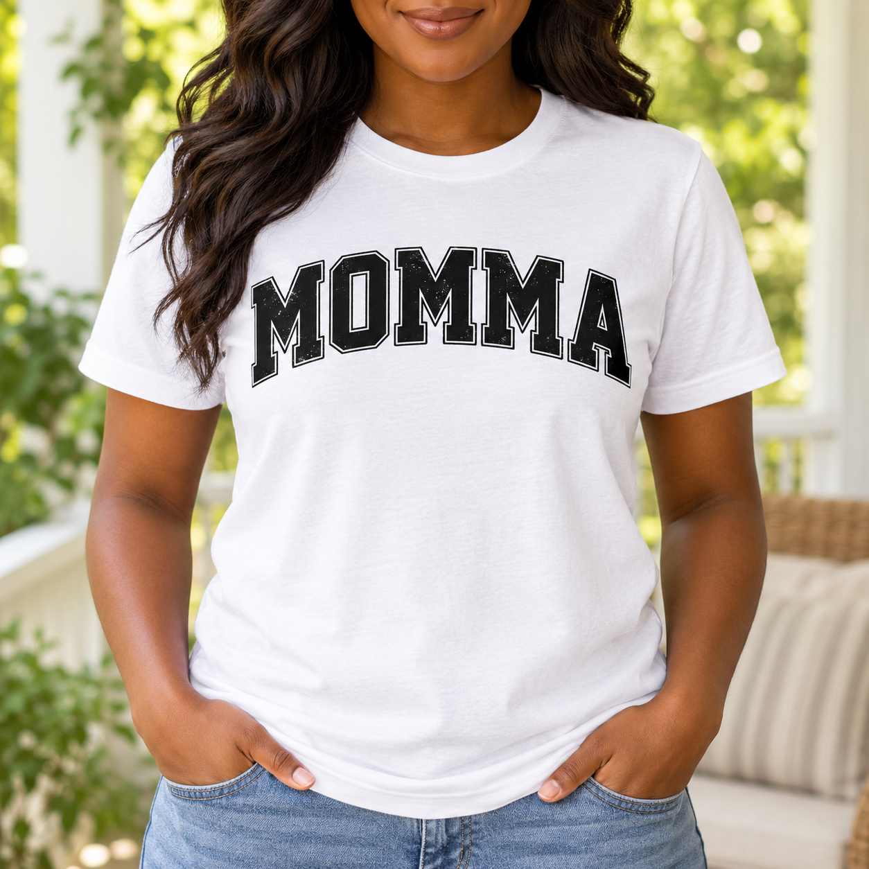 Momma Distressed Varsity Tee