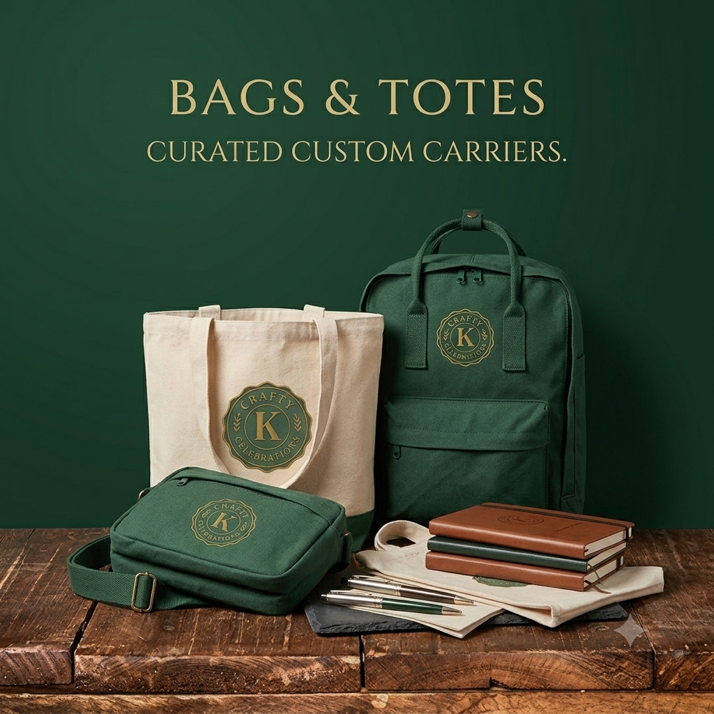 Display of various green and beige bags and totes with a clothing and accessories on a wooden surface against a green background, with the text 'Bags & Totes Curated Custom Carriers'.