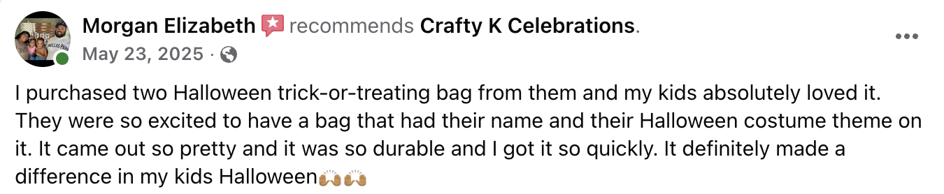 A Facebook user review about Halloween trick-or-treating bags, mentioning two purchased bags with Halloween theme and children's excitement.
