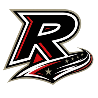 Logo with a large black letter R outlined in white and red, with a stylized racing stripe with stars curving beneath it.