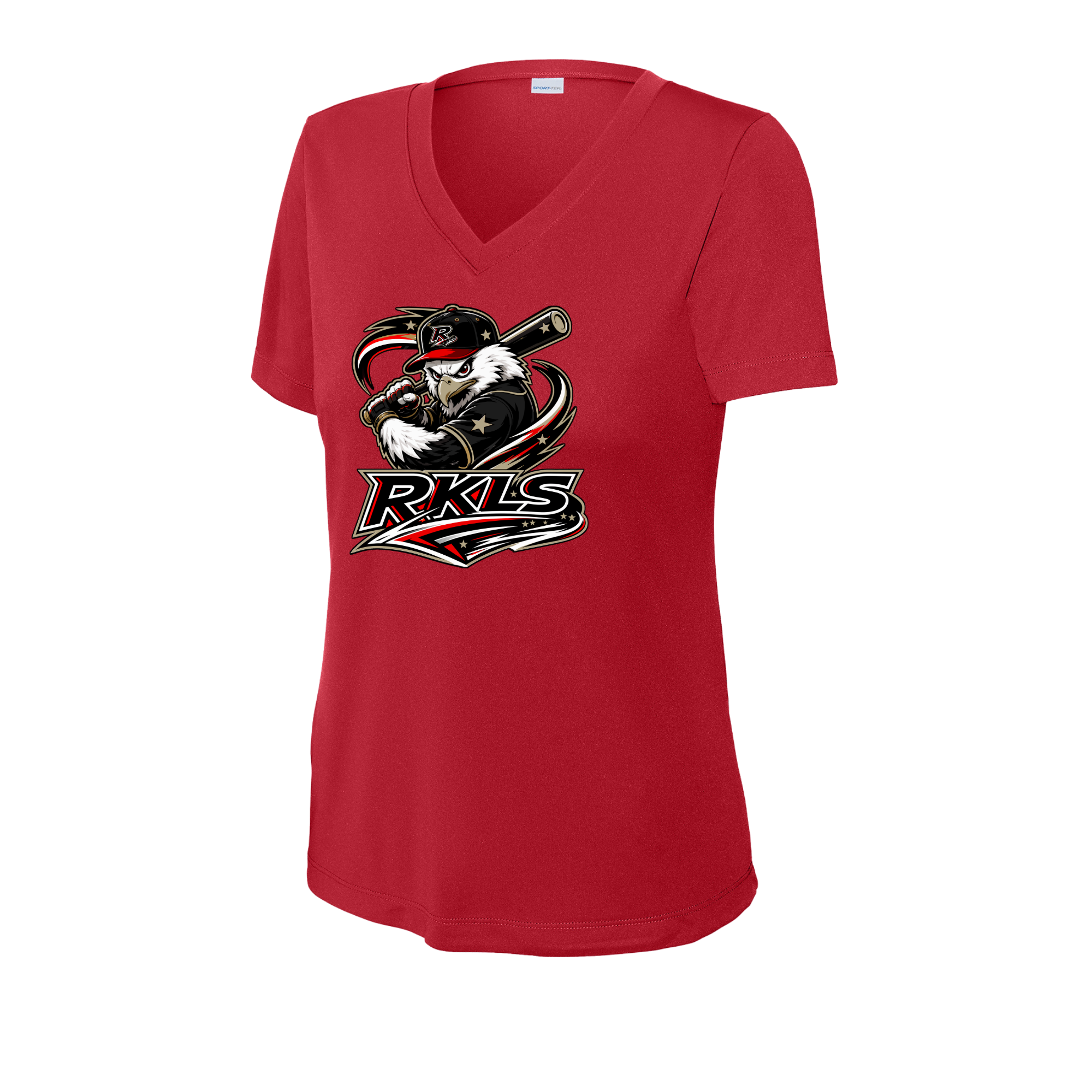 pinellas-reckless-baseball-red-womens-performance-v-neck-t-shirt-front-logo.png