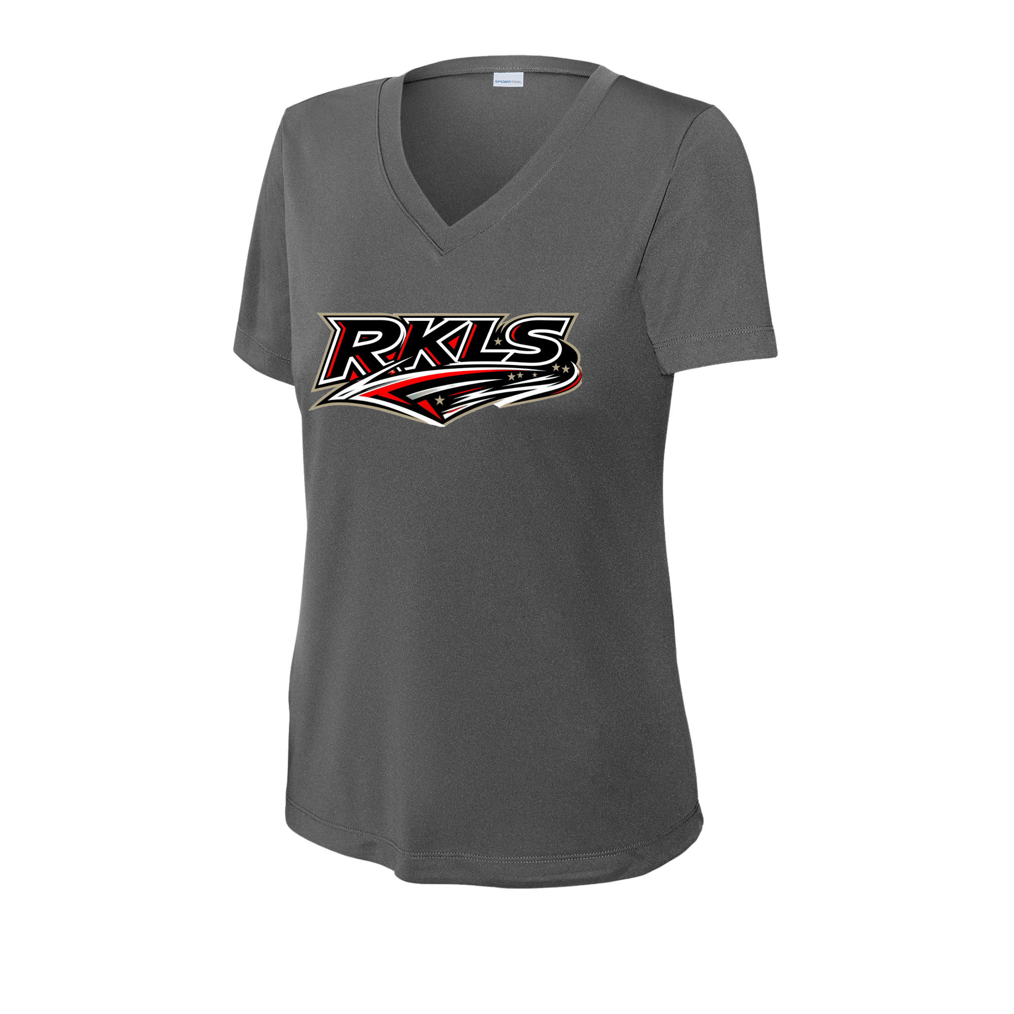 pinellas-reckless-baseball-iron-gray-womens-performance-v-neck-t-shirt-front-logo.png