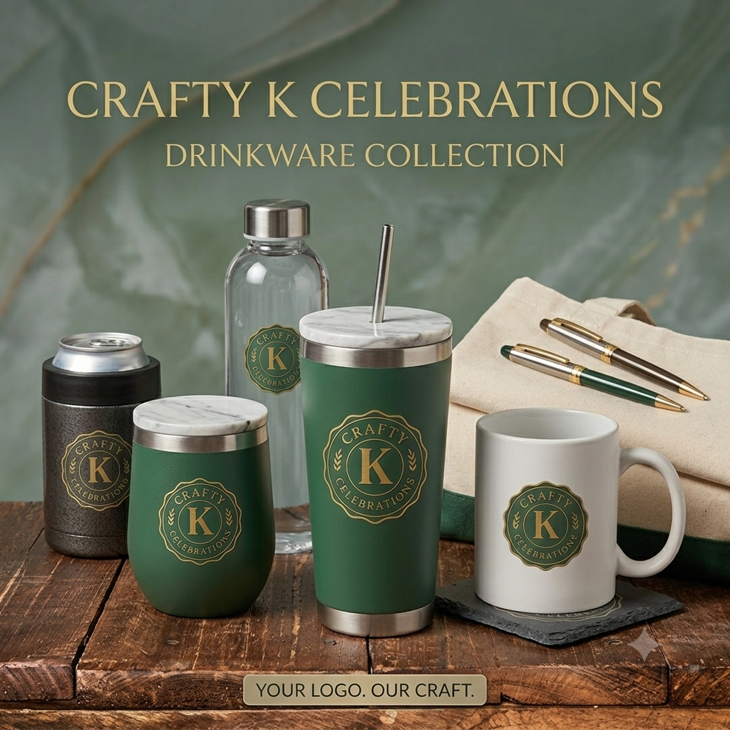 Display of craft drinkware collection including a water bottle, a coffee tumbler, a can cooler, a ceramic mug, and two pens, all featuring a green and gold logo with the letter 'K' surrounded by laurel leaves, placed on a wooden surface with a cloth and a backdrop with large leaves.