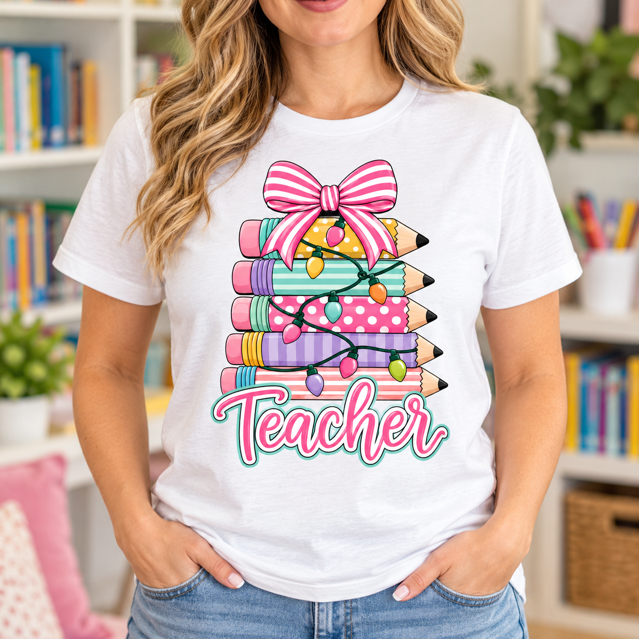 Teacher Pencil Stack Bow Tee