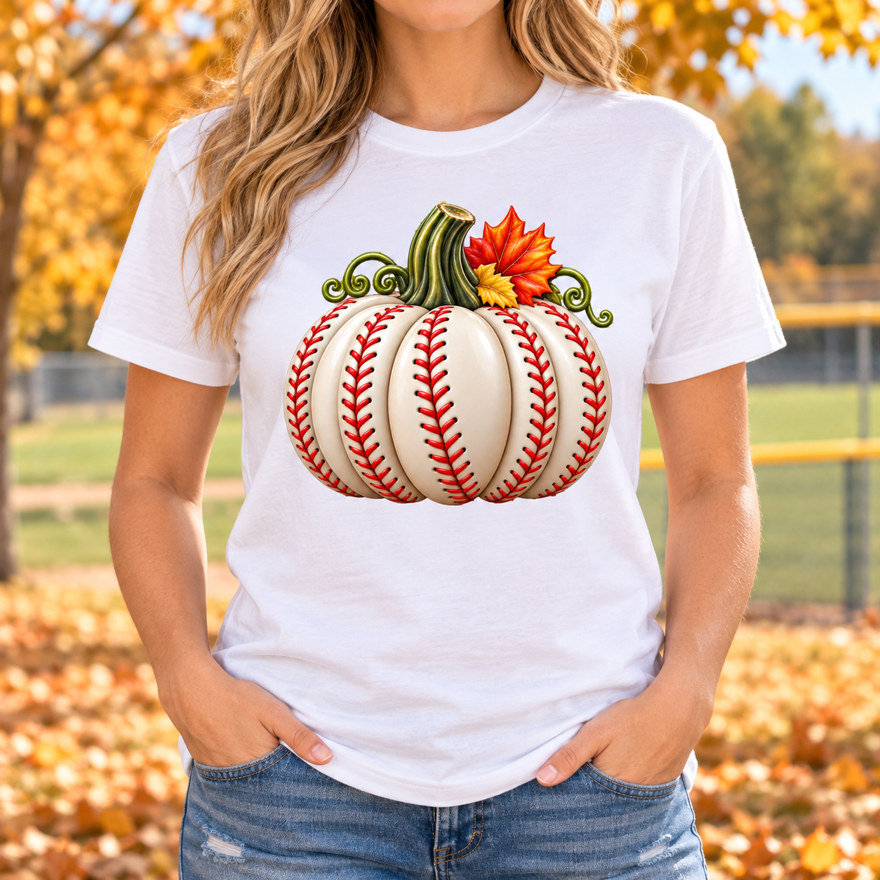 Fall Baseball Pumpkin Graphic Tee front graphic on a white unisex crewneck tee, AI-generated lifestyle mockup.