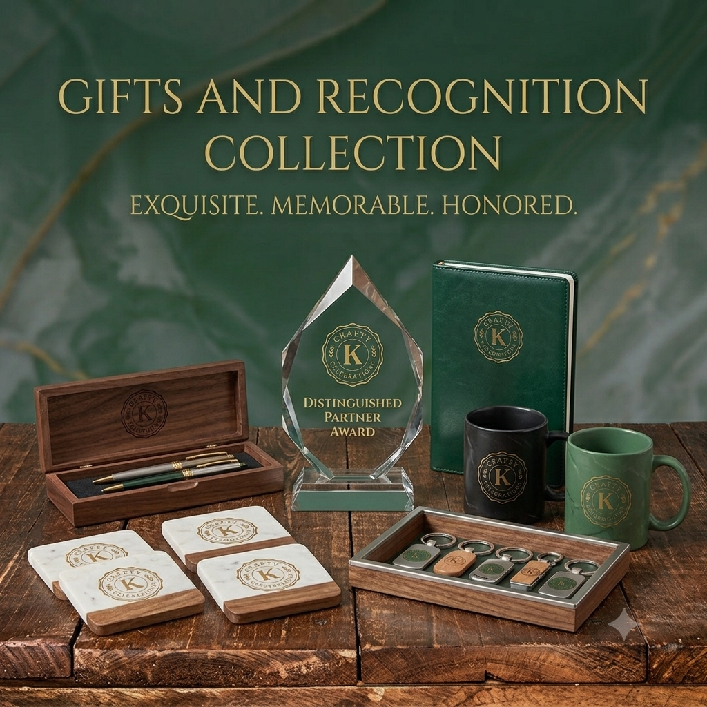 Assorted gifts and recognition items including pens in a wooden box, coasters, a crystal award engraved with 'Distinguished Partner Award', two mugs, a green notebook, and a tray of keychains all branded with a circular logo containing a letter 'K' and the words 'Crafty' and 'Celebration' against a green and brown background.