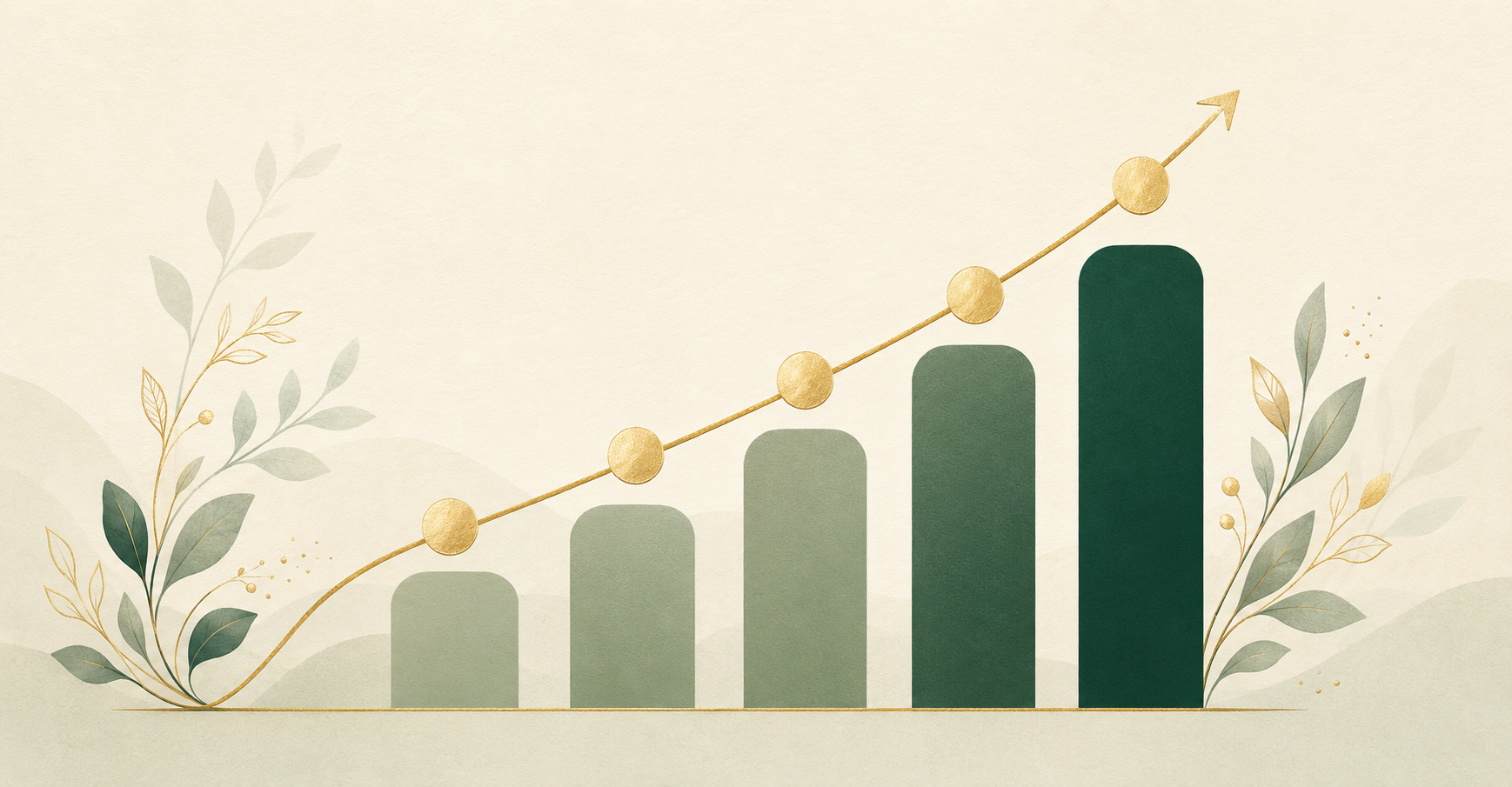An illustrated growth chart with five ascending bars in shades of green, topped with a gold arrowline and decorative foliage on both sides.