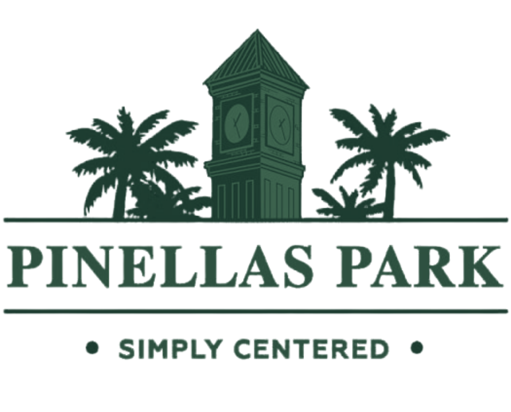 A logo for Pinellas Park featuring a clock tower flanked by palm trees with the words 'Pinellas Park' and 'Simply Entertained' underneath.